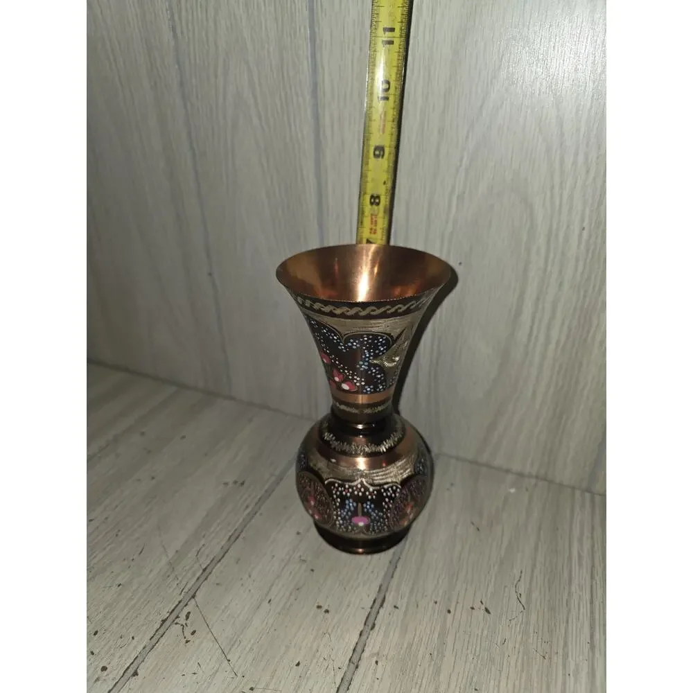 Vtg Handmade Ottoman Style MINAKARI Copper Enamel Vase Beautiful 7
